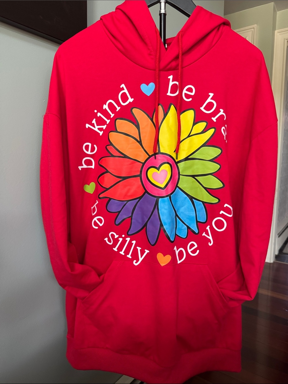 Red Rainbow Flower Graphic Hoodie Be Kind Daisy Positive Message NWOT